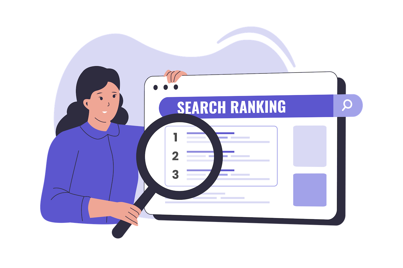 Illustration of a woman holding a magnifying glass in front of a screen, demonstrating seo ranking.