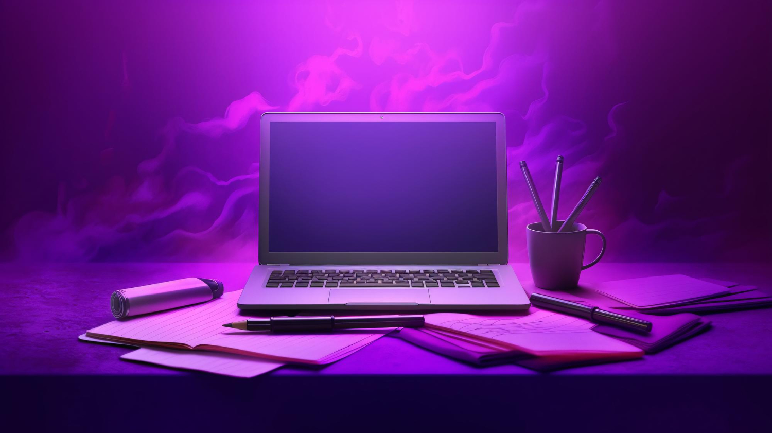 Image of a laptop open on a small desk, sitting on papers and surrounded by pens, pencils, and other office essentials.