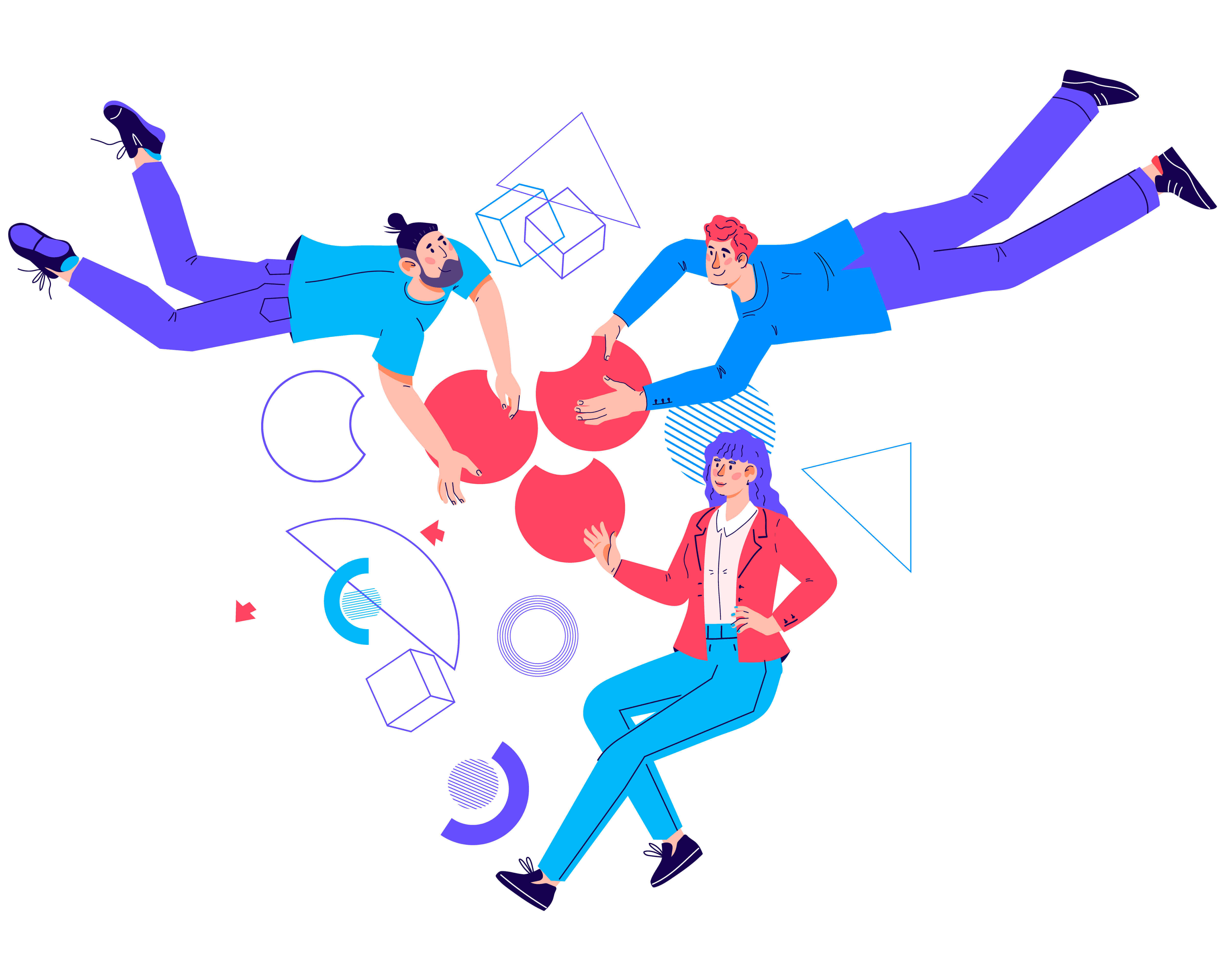 Illustration of three people surrounded by different shapes and elements, putting matching pieces together. This symbolizes the cooperative and problem-solving nature of the content marketing team.