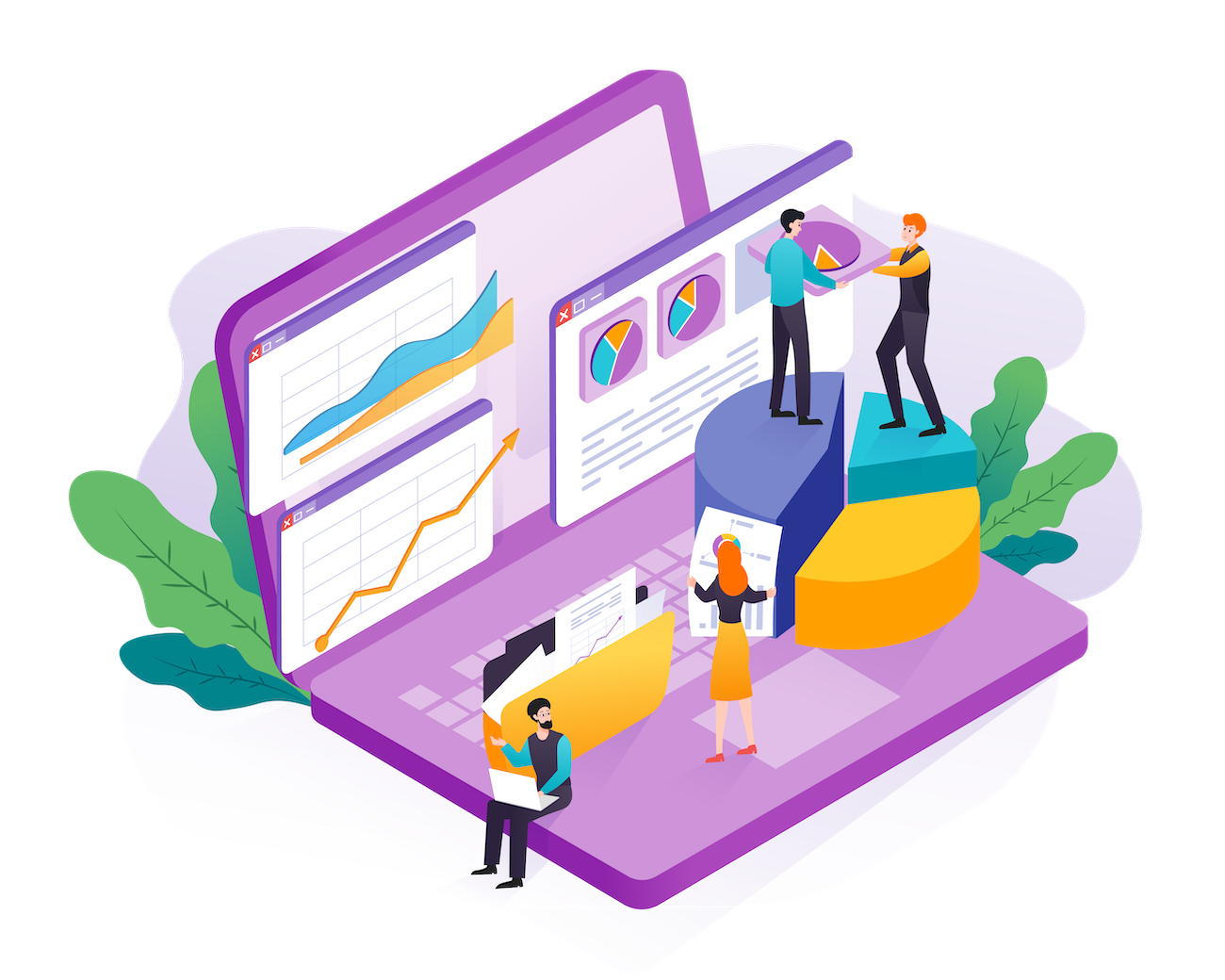 Illustration of employees on a laptop analysing website data , demonstrating the workflow for seo optimization.