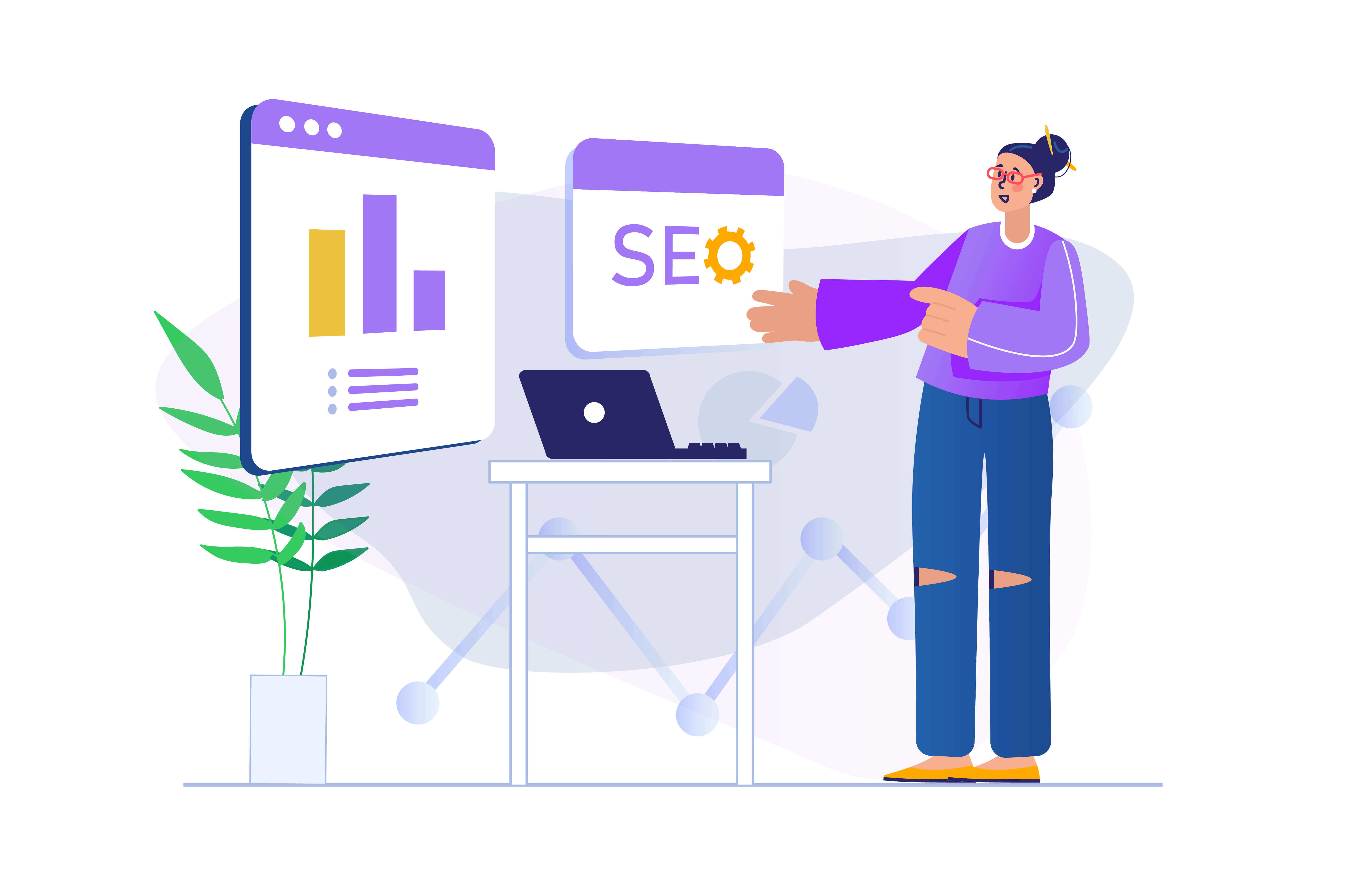 Illustration of a woman standing at a desk, surrounded by charts and graphs on the walls in an office, symbolizing the analytic-based nature of the SEO service.