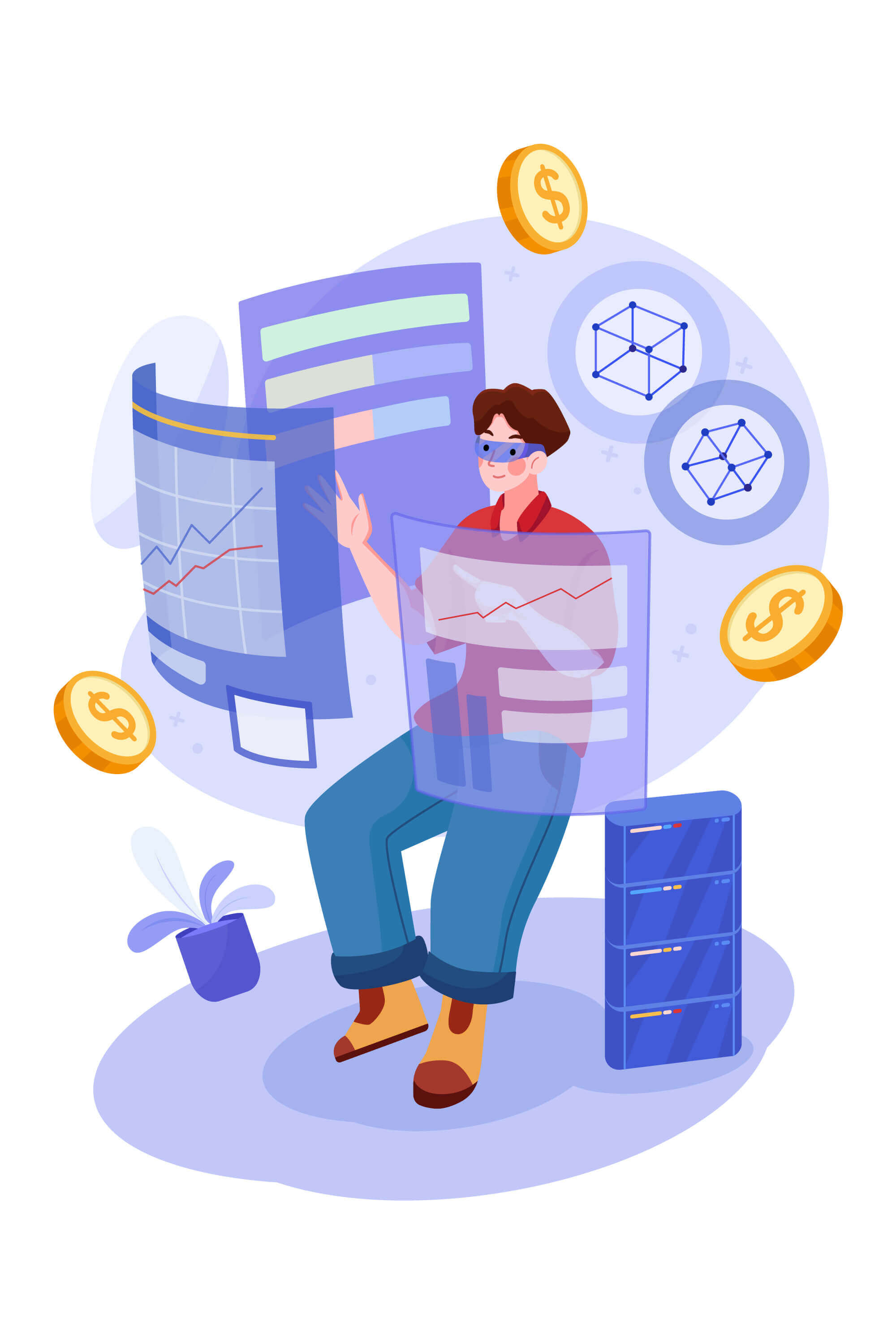 An illustration of a man sitting in front of 3 screens in an office surrounded by coins, symbolizing the growth and value the company’s marketing services bring to clients.