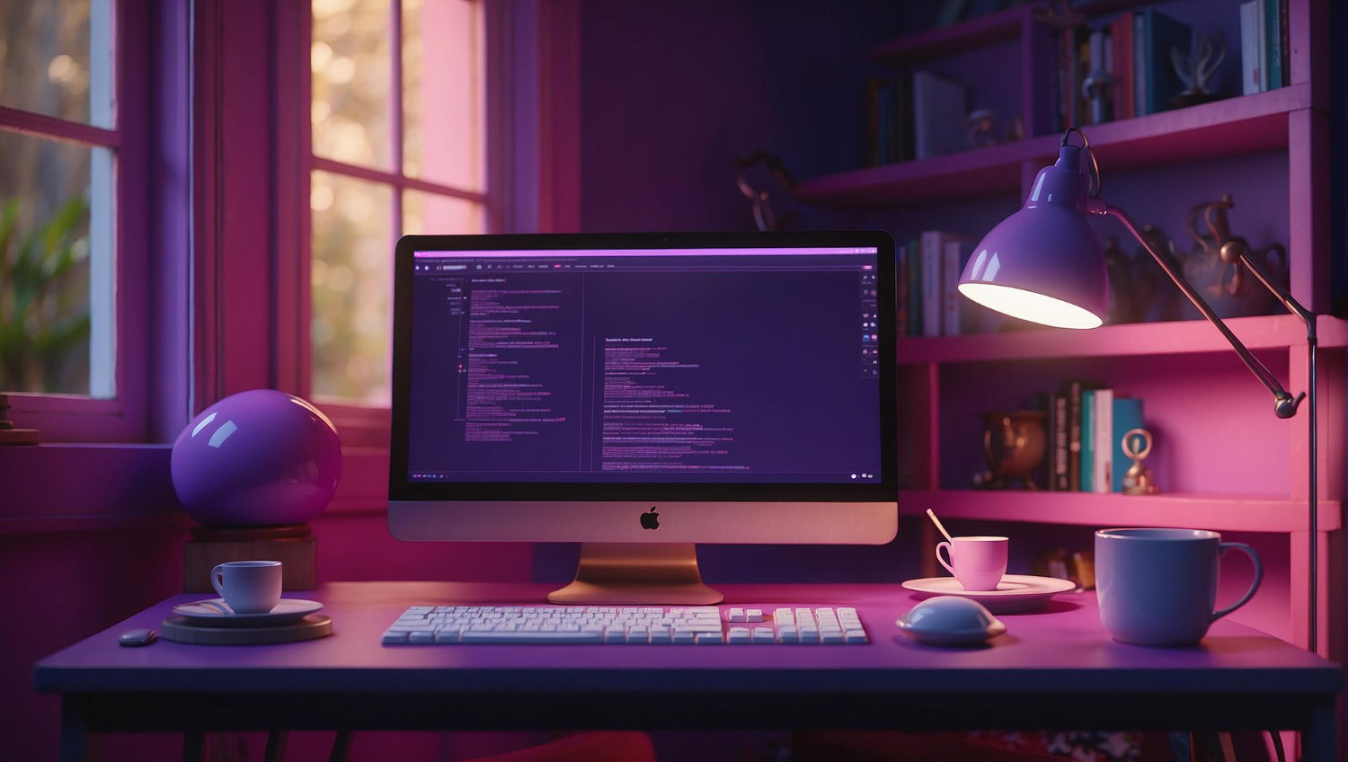 A private office space where a single computer sits in the centre of a small desk, displaying lines of code