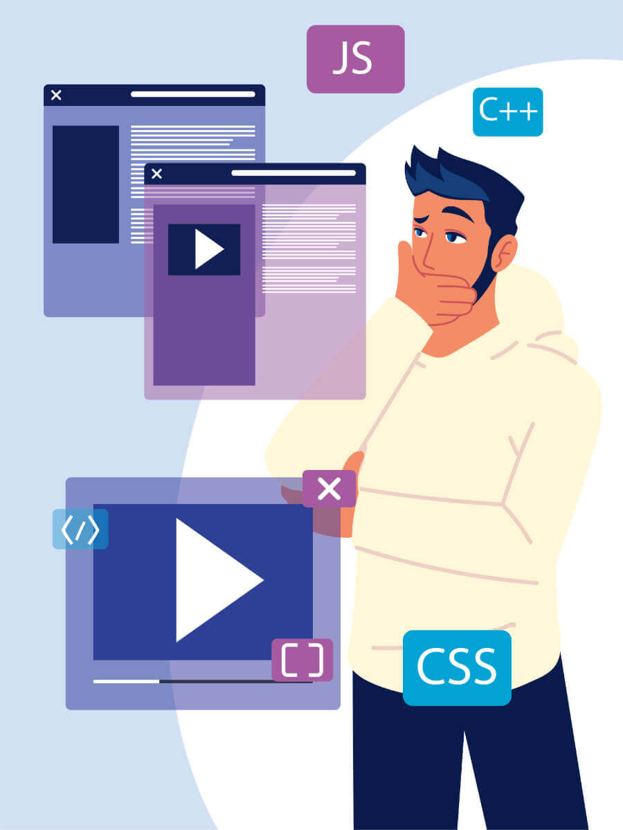 Illustration depicting a man thinking and assessing three different web page layouts, surrounded by icons of different technologies, symbolizing the adaptability and professionalism of the team.